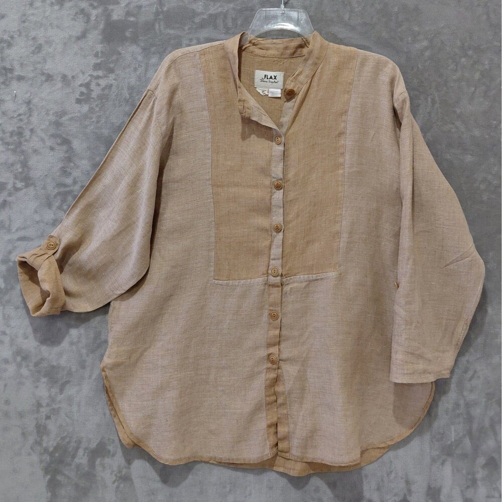 FLAX by Jeanne Engelhart Long Bib Linen Tunic Women's Medium Tan Vintage Shirt
